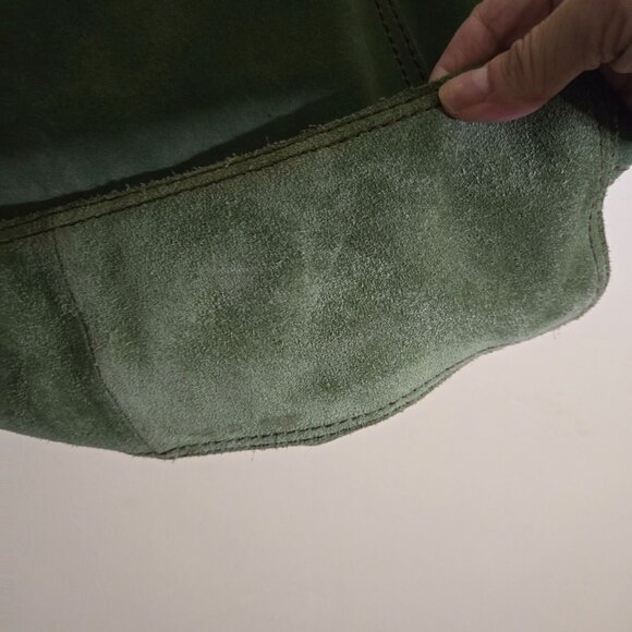 Lucky Brand Green Suede Brown Leather Trim Hobo Bucket Shoulder Bag 19"x14"x4" - Picture 8 of 13